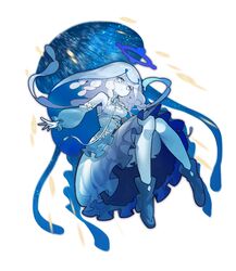  1girl ankle_boots baniran_dorosu bare_shoulders blue_eyes blue_hair blue_skin boots breasts colored_skin commentary_request detached_sleeves dress frilled_dress frills halo jellyfish_girl looking_at_viewer medium_breasts monster_girl original tentacle_hair tentacles veil 