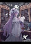  1girl book bookshelf bug butterfly crescent_moon dome globe hair_ribbon hat letterboxed library long_hair looking_back mob_cap moon night night_sky ookashippo patchouli_knowledge purple_hair ribbon sky solo touhou violet_eyes 