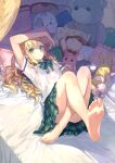  1girl absurdres arm_up ass bangs barefoot bedroom blonde_hair blunt_bangs bow bowtie crossed_ankles feet foot_focus green_bow green_bowtie green_eyes green_skirt highres long_hair looking_at_viewer lying mochizuki_ao on_back on_bed original panties panty_peek parted_lips plaid plaid_skirt pleated_skirt school_uniform shirt short_sleeves skirt soles solo stuffed_toy thighs toes underwear upskirt white_panties white_shirt 