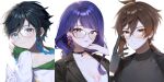 1girl 2boys androgynous bangs bespectacled black_gloves black_hair blue_hair braid breasts brown_hair closed_mouth collarbone commentary earrings eyebrows_visible_through_hair genshin_impact glasses gloves gradient_hair green_eyes hair_between_eyes hair_ornament hand_on_own_cheek hand_on_own_face highres hood hood_down hoodie japanese_clothes jewelry kkopoli large_breasts long_hair long_sleeves looking_at_viewer male_focus mole mole_under_eye multicolored_hair multiple_boys necklace orange_eyes orange_hair ponytail purple_hair raiden_shogun short_hair_with_long_locks simple_background smile solo symbol-only_commentary twin_braids twitter_username venti_(genshin_impact) violet_eyes white_background zhongli_(genshin_impact) 