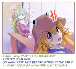  2girls anger_vein blonde_hair blush_stickers bottomless dr._addamelech english_text green_hair hat highres kochiya_sanae long_hair looking_back loose_clothes messy_hair moriya_suwako multiple_girls pajamas sitting sleepy table touhou very_long_hair yellow_eyes 