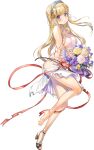  1girl barefoot blonde_hair bouquet breasts double_bun dress fletcher_(kancolle) fletcher_mk_ii_(kancolle) flower full_body hair_ornament hair_ribbon hairband holding holding_bouquet kantai_collection large_breasts long_hair looking_to_the_side net official_alternate_costume official_art pout ribbon shoes single_shoe skirt solo star_(symbol) star_hair_ornament torn_clothes transparent_background veil violet_eyes white_skirt zeco 
