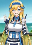  1girl :d absurdres arknights asymmetrical_gloves bangs black_gloves blonde_hair blue_eyes blue_hairband blue_necktie blue_sky blush breasts commentary_request day double_w eyebrows_visible_through_hair gloves hair_between_eyes hairband hands_up highres horns large_breasts long_hair looking_at_viewer mismatched_gloves necktie open_mouth outdoors partial_commentary pointy_ears saileach_(arknights) shirt sky smile solo uiru_(uiruuun) upper_body very_long_hair w white_gloves white_shirt 