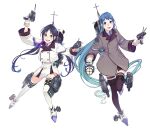  2girls absurdres adapted_turret alternate_costume bangs black_legwear blazer blue_eyes blue_hair cannon coat collared_shirt full_body gloves gradient_hair green_eyes grey_coat highres jacket kantai_collection long_hair looking_at_viewer low_twintails machinery multicolored_hair multiple_girls neckerchief necktie original_remodel_(kantai_collection) pleated_skirt ribbon samidare_(kancolle) school_uniform searchlight shirt simple_background skirt smile smokestack suzukaze_(kancolle) swept_bangs thigh-highs torpedo_launcher turret twintails uyama_hajime very_long_hair white_background white_gloves white_jacket white_legwear white_skirt 