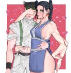  1boy 1girl absurdres ass_visible_through_thighs breasts crossover detached_sleeves highres jojo_no_kimyou_na_bouken large_breasts long_hair luisser93591107 ponytail rohan_kishibae thick_thighs thigh-highs thighs 