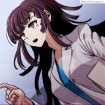  1girl alternate_costume bangs black_hair blue_shirt breasts brown_eyes danganronpa_(series) danganronpa_2:_goodbye_despair eyebrows_visible_through_hair gradient gradient_background grey_jacket hand_up holding jacket large_breasts long_hair long_sleeves mole mole_under_eye open_clothes open_jacket shiny shiny_hair shirt solo tansug_(tansuk88) teeth translation_request tsumiki_mikan two-tone_background upper_teeth 