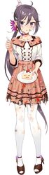  1girl akebono_(kancolle) akebono_kai_ni_(kancolle) alternate_costume animal bell cake cake_slice collarbone defeat dress drew_(drew213g) eyebrows_visible_through_hair flower food fork full_body hair_bell hair_between_eyes hair_flower hair_ornament holding holding_fork holding_plate jingle_bell kantai_collection long_hair official_art pantyhose plate purple_flower purple_hair rabbit side_ponytail solo source_request torn_clothes torn_legwear transparent_background violet_eyes white_legwear 