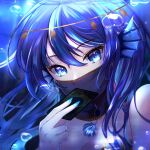  1girl blue_eyes blue_hair blue_nails bubble card covered_mouth eyebrows_visible_through_hair head_fins head_tilt highres holding holding_card kabosu_(anna_neji) looking_at_viewer mermaid monster_girl mouth_veil original portrait seashell shell solo underwater veil 