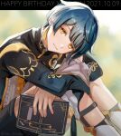  1boy bangs black_shorts blue_hair blurry blurry_background book closed_mouth dated earrings frilled_sleeves frills genshin_impact highres holding holding_book hugging_own_legs jewelry long_sleeves looking_at_viewer male_focus orange_eyes shorts single_earring solo tassel tassel_earrings twitter_username unacha xingqiu_(genshin_impact) 