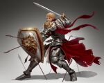  1boy armor arrow_(projectile) beard blonde_hair cape chain facial_hair fighting_stance highres kang_nk knight leg_armor lion loincloth looking_at_viewer male_focus manly mature_male muscular muscular_male original shield short_hair shoulder_armor shoulder_pads skirt solo spiky_hair sword warrior weapon 