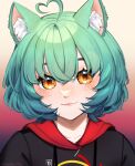  1girl absurdres ahoge animal_ears cat_ears cat_girl commentary english_commentary girl_dm green_hair hair_between_eyes heart_ahoge highres hood hood_down hoodie indie_virtual_youtuber kyaree looking_at_viewer short_hair solo twitter_username upper_body virtual_youtuber watermark yellow_eyes 