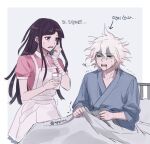  1boy 1girl apron artist_name bandages bangs bed bed_sheet boleum_(dgrpluna) border breasts closed_eyes cup danganronpa_(series) danganronpa_2:_goodbye_despair grey_background highres holding holding_cup hospital_bed hospital_gown komaeda_nagito large_breasts long_hair mole open_mouth pink_shirt saliva shirt sick sitting sweat tearing_up teeth translation_request trembling tsumiki_mikan upper_teeth white_border 