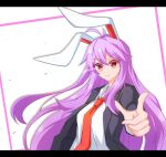  1girl animal_ears bangs blazer blouse collared_shirt eyebrows_visible_through_hair finger_gun hair_between_eyes jacket light_purple_hair light_smile long_hair long_sleeves necktie open_clothes open_jacket pointing pointing_at_viewer purple_hair rabbit_ears red_eyes red_necktie reisen_udongein_inaba shirt simple_background solo tasuku_(tusktouhou4) touhou upper_body white_background white_shirt 