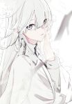  1girl absurdres bangs from_side grey_eyes hand_on_own_face highres long_hair long_sleeves looking_at_viewer looking_to_the_side maimuro mole mole_under_eye original parted_lips petals simple_background solo upper_body white_background white_hair white_theme 