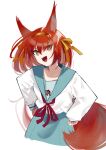  1girl :d animal_ears arknights blue_skirt bright_pupils brown_eyes cosplay flametail_(arknights) hair_ribbon hairband hands_on_hips highres kanzakimitoto large_tail long_hair long_sleeves open_mouth orange_hairband orange_ribbon red_ribbon redhead ribbon school_uniform serafuku skirt smile solo squirrel_ears squirrel_girl squirrel_tail suzumiya_haruhi suzumiya_haruhi_(cosplay) suzumiya_haruhi_no_yuuutsu tail voice_actor_connection 