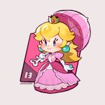  1girl artist_name bangs blonde_hair blue_eyes chibi closed_mouth commentary crown dress earrings elbow_gloves english_commentary gloves grey_background holding holding_umbrella jewelry long_hair lowres onemegawatt pink_dress princess_peach puffy_short_sleeves puffy_sleeves ring short_sleeves smile solo standing super_mario_bros. umbrella 