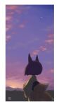  1girl animal_ears black_hair blue_sky clouds facing_away fox_ears fox_girl fox_tail from_behind green_kimono japanese_clothes kimono kitsune kukuri_(mawaru) mawaru_(mawaru) mountain obi original outdoors sash short_hair sky solo sunset tail 