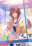  1girl animal_ears bangs blush braid breasts brown_eyes brown_hair cape crane_game dog_ears dog_girl dog_tail dress fukahire_(ruinon) hair_between_eyes hand_on_glass hololive hoso-inu inugami_korone jacket listener_(inugami_korone) long_hair long_sleeves looking_at_viewer medium_breasts open_clothes open_jacket open_mouth red_cape sitting sleeveless sleeveless_dress solo star_(symbol) tail twin_braids virtual_youtuber white_dress wristband yellow_jacket 