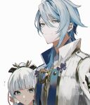  1boy 1girl bangs blue_eyes blue_hair blunt_bangs brother_and_sister commentary_request flying_sweatdrops genshin_impact hair_between_eyes hair_ribbon height_difference highres japanese_clothes kamisato_ayaka kamisato_ayato looking_at_viewer mole mole_under_eye mole_under_mouth parted_lips ponytail ribbon siblings silver_hair simple_background sweat tress_ribbon ueauwa white_background 