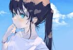  1girl bangs black_hair blue_eyes blue_sky bracelet closed_mouth clouds commentary_request earrings food-themed_earrings hand_up highres jewelry light_blush long_hair original shirt short_sleeves sky solo strawberry_earrings stud_earrings twintails twitter_username upper_body warabimoti_yoz wet white_shirt 