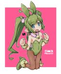  1girl ahoge animal_ears bare_shoulders blue_eyes brown_legwear commentary_request covered_navel fake_animal_ears fang green_footwear green_hair green_hairband green_leotard hairband hands_up high_heels leotard long_hair looking_at_viewer mawaru_(mawaru) open_mouth original pantyhose pink_background pointy_ears rabbit_ears shoes solo strapless strapless_leotard twintails two-tone_background very_long_hair white_background 