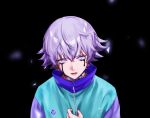 1boy black_background blue_hair clutching_chest clutching_clothes collar crying crying_with_eyes_open highres jacket male_focus multicolored_clothes multicolored_hair multicolored_jacket nyamnyam0502 open_mouth paradox_live purple_hair solo tearing_up tears violet_eyes yatonokami_nayuta 