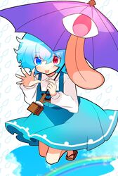  1girl bangs blue_eyes blue_hair blue_skirt eyebrows_visible_through_hair full_body geta heterochromia highres holding holding_umbrella karakasa_obake long_sleeves looking_at_viewer purple_umbrella rain rainbow red_eyes rinrin_(rinrinillust) short_hair skirt solo tatara_kogasa tongue tongue_out touhou umbrella 