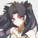  1girl bangs bare_shoulders black_bow black_hair bow breasts chinese_commentary closed_mouth commentary_request earrings eyebrows_visible_through_hair fate/grand_order fate_(series) grey_background hair_bow hoop_earrings ishtar_(fate) jewelry long_hair looking_at_viewer portrait red_eyes simple_background sketch solo two_side_up yusa_(yusa0751) 