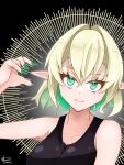  1girl bangs black_tank_top blonde_hair breasts closed_mouth collarbone commentary_request eyelashes face green_eyes green_nails highres lips medium_breasts mizuhashi_parsee pointy_ears smile tank_top tomekami touhou upper_body 