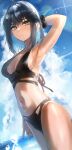  1girl absurdres ahoge arm_behind_head arm_up armpits bangs bikini black_bikini black_hair blue_hair blush breasts brown_eyes closed_mouth clouds cloudy_sky colored_inner_hair cowboy_shot cross cross_earrings day dutch_angle earrings glint hair_between_eyes hair_ornament hairclip highres irene_(kanniiepan) jewelry kanniiepan looking_at_viewer medium_breasts medium_hair mole mole_on_breast mole_under_eye multicolored_hair navel ocean original outdoors scrunchie sky solo standing stomach swimsuit wrist_scrunchie 