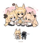  ! 1other 3girls :d :t animal_ear_fluff animal_ears arknights black_footwear black_jacket black_pants black_shorts blemishine_(arknights) blonde_hair blue_eyes blush brown_hair chibi closed_mouth clothes_writing collared_shirt commentary_request cropped_torso doctor_(arknights) eating english_text happy_birthday highres holding holding_tray hood hood_up hooded_jacket horse_ears horse_girl horse_tail jacket kyou_039 long_sleeves multiple_girls nearl_(arknights) notice_lines open_clothes open_shirt outstretched_arms pants pink_background ponytail shirt shoes short_eyebrows short_shorts shorts smile spoken_exclamation_mark star_(symbol) tail thick_eyebrows translation_request tray twitter_username two-tone_background upper_body whislash_(arknights) white_background white_shirt yellow_eyes 
