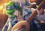  1boy absurdres artist_name bangs blue_vest collarbone commentary_request dutch_angle eeveetachi fire_emblem fire_emblem:_genealogy_of_the_holy_war green_eyes green_hair head_scarf highres holding holding_instrument indoors instrument lewyn_(fire_emblem) light_particles long_sleeves lute_(instrument) male_focus music partial_commentary playing_instrument shirt short_hair smile solo twitter_username upper_body vest white_shirt 