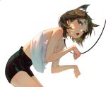  1girl animal_ear_fluff animal_ears bangs bare_arms bare_shoulders black_collar black_shorts breasts brown_hair cat_ears collar dino_(dinoartforame) fang from_side green_eyes green_hair highres leaning_forward leash looking_at_viewer medium_breasts multicolored_hair open_mouth original paw_pose shirt shorts sideways_glance simple_background skin_fang solo spaghetti_strap streaked_hair white_background white_shirt 