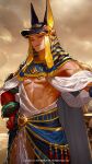  1boy abs absurdres armband belt_collar biceps clouds cloudy_sky collar eftd01 egyptian egyptian_clothes gold hand_on_hip helmet highres looking_at_viewer male_focus muscular muscular_male original pectorals red_eyes skirt sky smile solo teeth toga underpec wristband 
