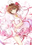  1girl blush brown_hair card cardcaptor_sakura clamp_(circle)_(style) clow_card green_eyes kinomoto_sakura magical_girl open_mouth pingo solo teeth 