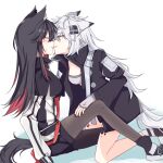  2girls ahoge animal_ears aqua_eyes arknights black_hair blush breasts commentary_request eyebrows_visible_through_hair hand_on_another&#039;s_thigh imminent_kiss lappland_(arknights) long_hair multicolored_hair multiple_girls redhead scar scar_across_eye silver_hair sweatdrop tail texas_(arknights) two-tone_hair wolf_ears wolf_tail yeye5121 yuri 