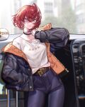  1girl ange_katrina black_jacket black_pants blue_eyes blurry blurry_background blush car collarbone denim earrings eyebrows_visible_through_hair ground_vehicle hand_on_own_neck high-waist_pants highres jacket jeans jewelry light_smile looking_at_viewer motor_vehicle nijisanji official_alternate_costume pants revision shirt short_hair solo theamazingspino virtual_youtuber white_shirt 