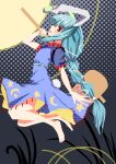  12_t 1girl animal_ears bare_legs barefoot blue_dress blue_hair braid commentary_request crescent crescent_pin dress happy highres kine long_hair mallet moon_rabbit open_mouth puffy_short_sleeves puffy_sleeves rabbit_ears rabbit_tail red_eyes seiran_(touhou) short_sleeves star_(symbol) star_print tail toes touhou 