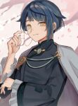  1boy bangs blue_hair cape cherry_blossoms closed_mouth frilled_sleeves frills genshin_impact grey_cape highres long_sleeves looking_at_viewer male_focus monocle official_alternate_costume orange_eyes petals solo unacha upper_body xingqiu_(genshin_impact) 