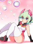  1girl ahoge ass azure_striker_gunvolt bare_shoulders blue_eyes breasts bubble cougar_(cougar1404) elbow_gloves gloves green_hair headgear legs leotard roro_(gunvolt) short_hair solo thigh-highs 