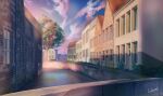  absurdres blue_sky building clouds commentary_request grass hakuurei_amano highres house no_humans original outdoors river scenery shadow sky sunrise tree water watermark 