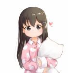  1girl baigao bangs black_eyes black_hair chinese_commentary commentary_request eyebrows_visible_through_hair hair_between_eyes hair_ornament hairclip heart heart_print highres light_blush long_hair long_sleeves looking_at_viewer object_hug original pajamas pillow pillow_hug print_pajamas simple_background sleeves_past_wrists smile solo upper_body white_background 