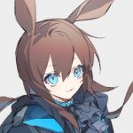  1girl amiya_(arknights) animal_ears arknights bangs black_jacket blue_eyes brown_hair chinese_commentary closed_mouth commentary_request eyebrows_visible_through_hair grey_background hair_between_eyes jacket long_hair looking_at_viewer rabbit_ears rabbit_girl simple_background sketch smile solo yusa_(yusa0751) 