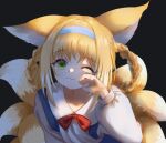  1girl ;3 animal_ear_fluff animal_ears arknights bangs black_background blonde_hair blue_hairband bow braid closed_mouth collarbone collared_shirt commentary_request eyebrows_visible_through_hair fox_ears fox_girl fox_tail green_eyes hair_rings hairband hand_up kitsune long_sleeves looking_at_viewer one_eye_closed paw_pose puffy_long_sleeves puffy_sleeves red_bow shirt simple_background siyu_csy solo suzuran_(arknights) tail twin_braids upper_body white_shirt 