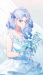 1girl akitsuki_(oenothera) blue_eyes blue_hair bow breasts bridal_veil bride closed_mouth commentary_request commission copyright_request dress eyebrows_visible_through_hair eyes_visible_through_hair flower gloves hair_over_one_eye highres holding holding_flower large_breasts long_hair looking_at_viewer own_hands_together solo twitter_username upper_body veil wedding_dress white_dress white_gloves 