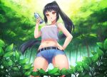  1girl absurdres belt black_hair blustar_sky bottle breasts brown_eyes cowboy_shot crop_top dew_drop english_commentary forest from_below hand_on_hip highres holding holding_bottle legs_apart long_hair looking_at_viewer medium_breasts midriff nature navel original parted_lips ponytail short_shorts shorts solo tank_top very_long_hair water_bottle water_drop 