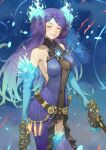  1girl blue_fire breasts brighid_(xenoblade) center_opening closed_eyes collarbone commentary_request curvy dress elbow_gloves fadingz fiery_hair fire gloves hat highres large_breasts long_hair looking_at_viewer purple_dress purple_hair simple_background smile solo thigh-highs very_long_hair violet_eyes weapon whip_sword xenoblade_chronicles_(series) xenoblade_chronicles_2 