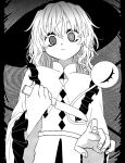  1girl @_@ blouse buttons closed_mouth commentary diamond_button eyebrows_behind_hair fingernails frilled_shirt_collar frilled_sleeves frills greyscale hair_between_eyes hat highres holding holding_knife knife komeiji_koishi light_frown long_hair long_sleeves looking_at_viewer mismatched_pupils monochrome reaching_out safe3133 shirt solo third_eye touhou upper_body wide_sleeves 