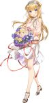  1girl barefoot blonde_hair blush bouquet breasts double_bun dress eyebrows_visible_through_hair fletcher_(kancolle) fletcher_mk_ii_(kancolle) flower full_body hair_ornament hair_ribbon hairband holding holding_bouquet kantai_collection large_breasts long_hair long_sleeves net official_alternate_costume official_art open_mouth pink_flower pink_rose pink_sweater purple_flower purple_rose ribbon rose sandals side_bun skirt smile solo star_(symbol) star_hair_ornament sweater transparent_background veil violet_eyes white_flower white_rose white_skirt yellow_flower yellow_rose zeco 
