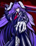  1girl absurdres animal_ears bangs belt blazer cowboy_shot dark_background gloves hatching_(texture) highres holding holding_sword holding_weapon huge_weapon jacket light_purple_hair long_hair looking_at_viewer necktie over_shoulder pants purple_hair rabbit_ears reaching_out red_background red_eyes red_necktie reisen_udongein_inaba serious shirt silhouette simple_background solo sword touhou trench_coat upper_body very_long_hair weapon weapon_over_shoulder weedhollow_(dokuran) white_gloves white_pants white_shirt 